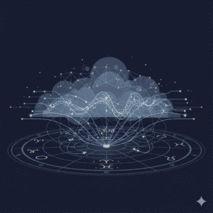 AI astrology accuracy visual showing astrological charts integrated with data patterns and learning systems to represent pattern intelligence