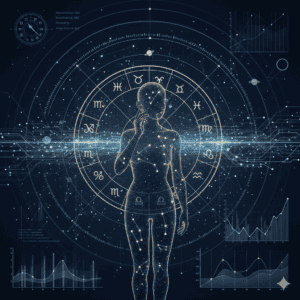 AI astrology concept illustration combining astrology charts and data patterns
