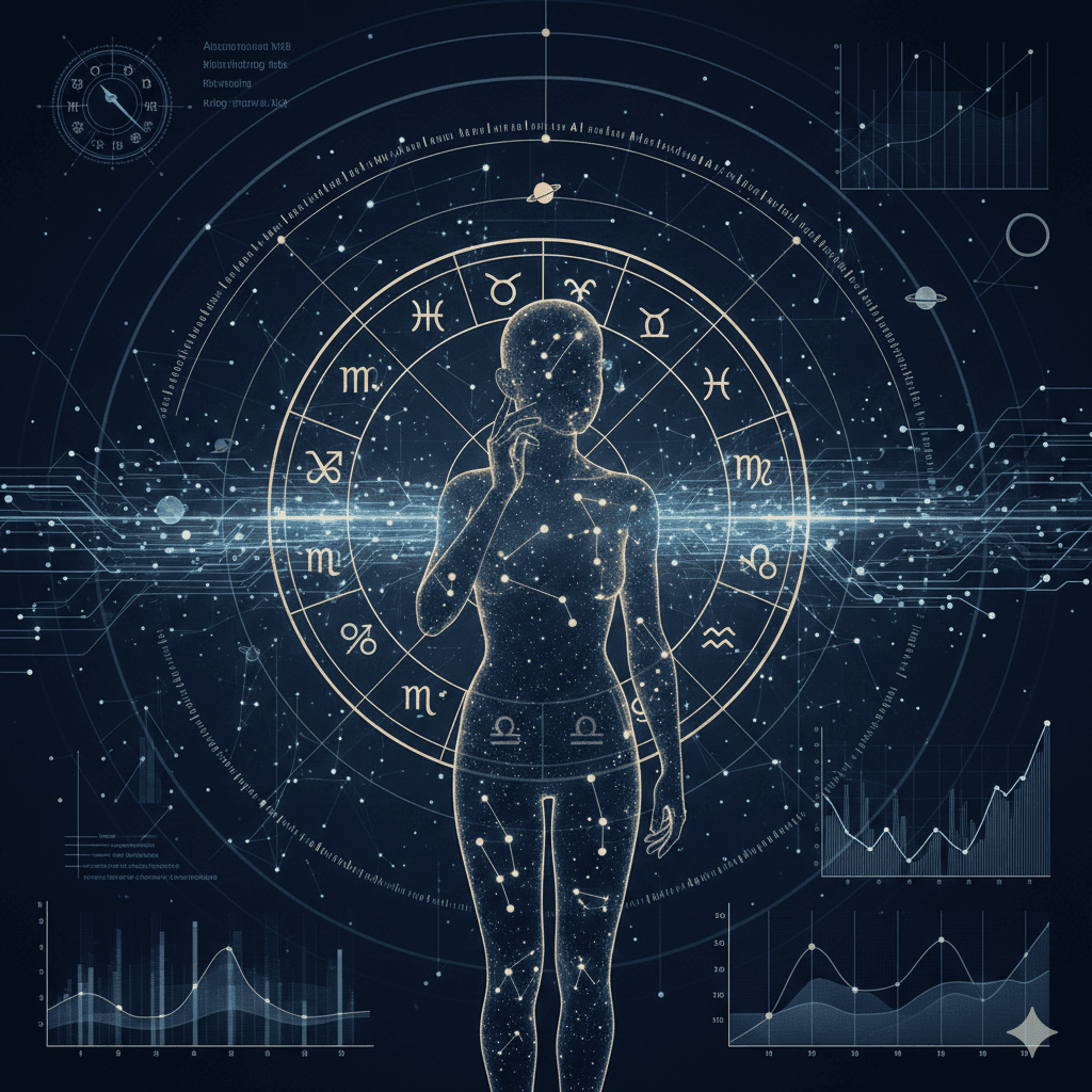 AI astrology concept illustration combining astrology charts and data patterns
