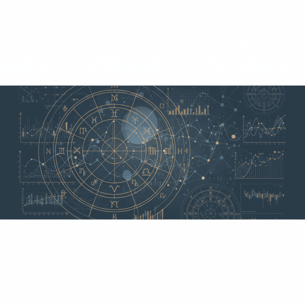 AI astrology illustration showing astrological charts blending with data patterns and neural networks to represent pattern intelligence and modern astrology