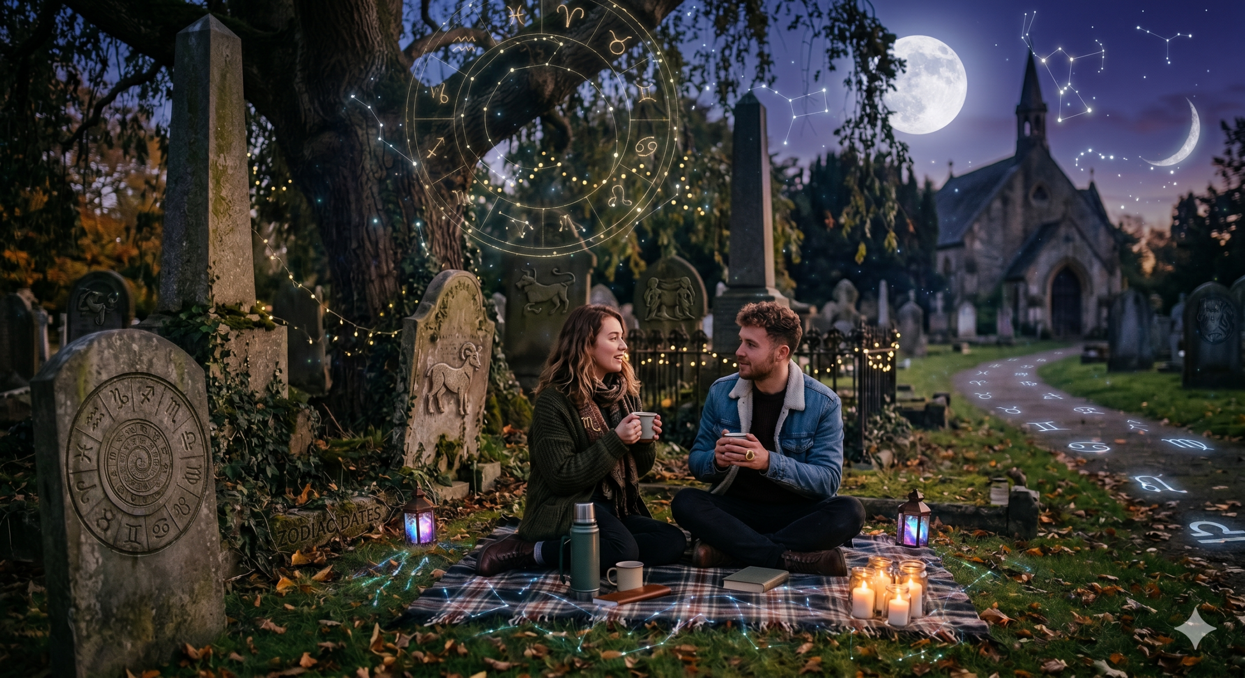 couple sitting in cemetery having deep conversation graveyard dating trend gen z