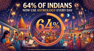 Infographic highlighting findings from India's largest astrology behaviour study based on 1 lakh respondents, covering AI astrology, daily usage, relationships, finance and hybrid consultations in FY 2025–26.