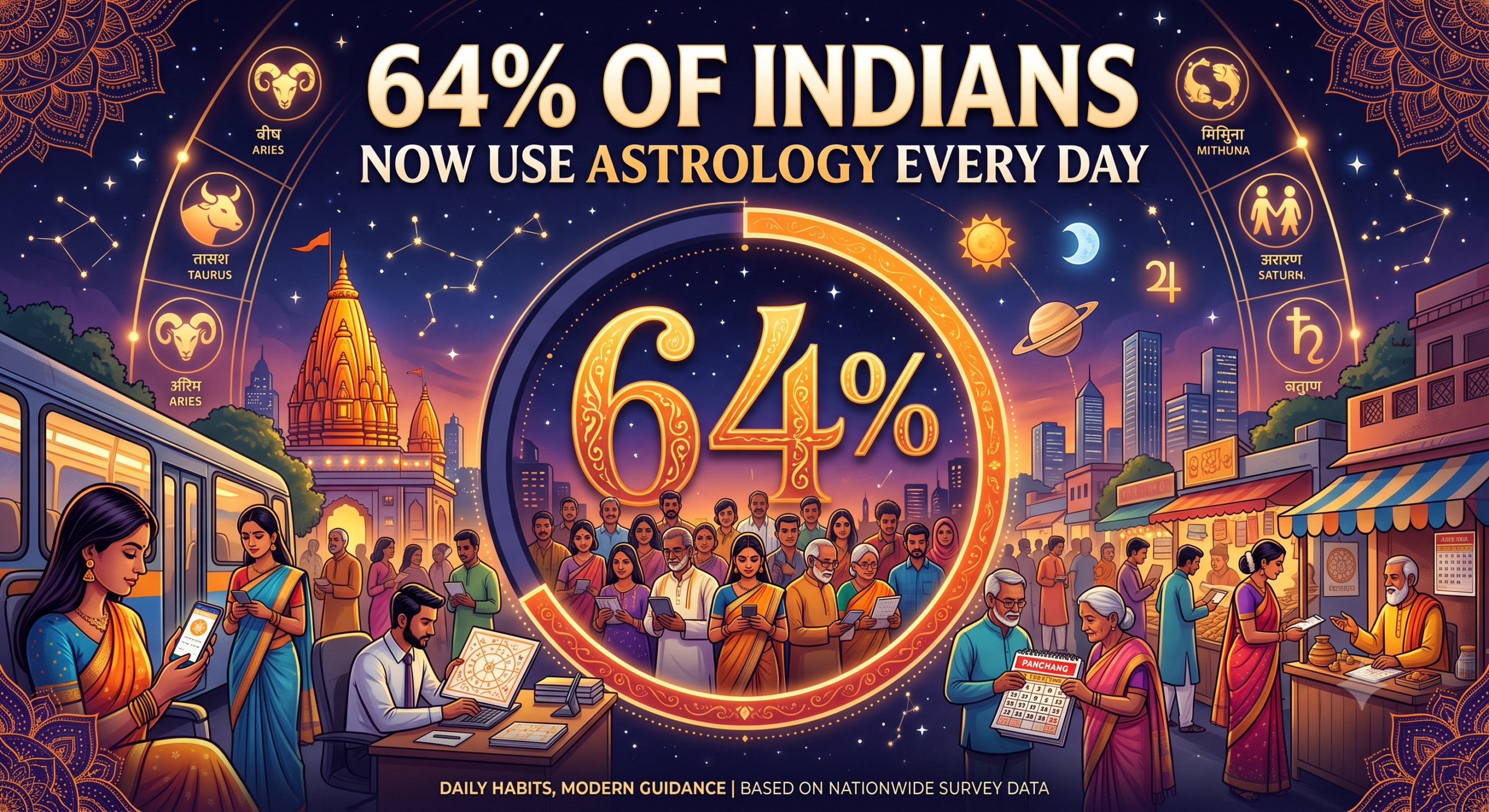 Infographic highlighting findings from India's largest astrology behaviour study based on 1 lakh respondents, covering AI astrology, daily usage, relationships, finance and hybrid consultations in FY 2025–26.
