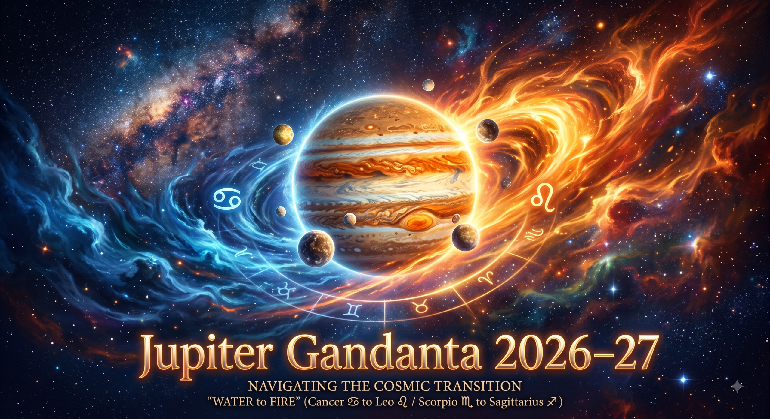 Jupiter crossing the Ashlesha-Magha Gandanta zone, symbolising cyber warfare, internet blackouts, food insecurity and global power shifts in 2026–27.